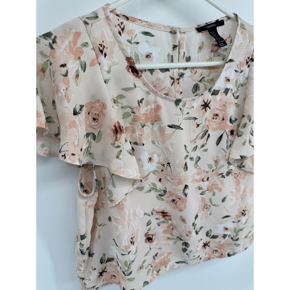 Forever 21 Women Peach Floral Flutter Sleeve Keyhole Back Blouse Top Small - Picture 2 of 5